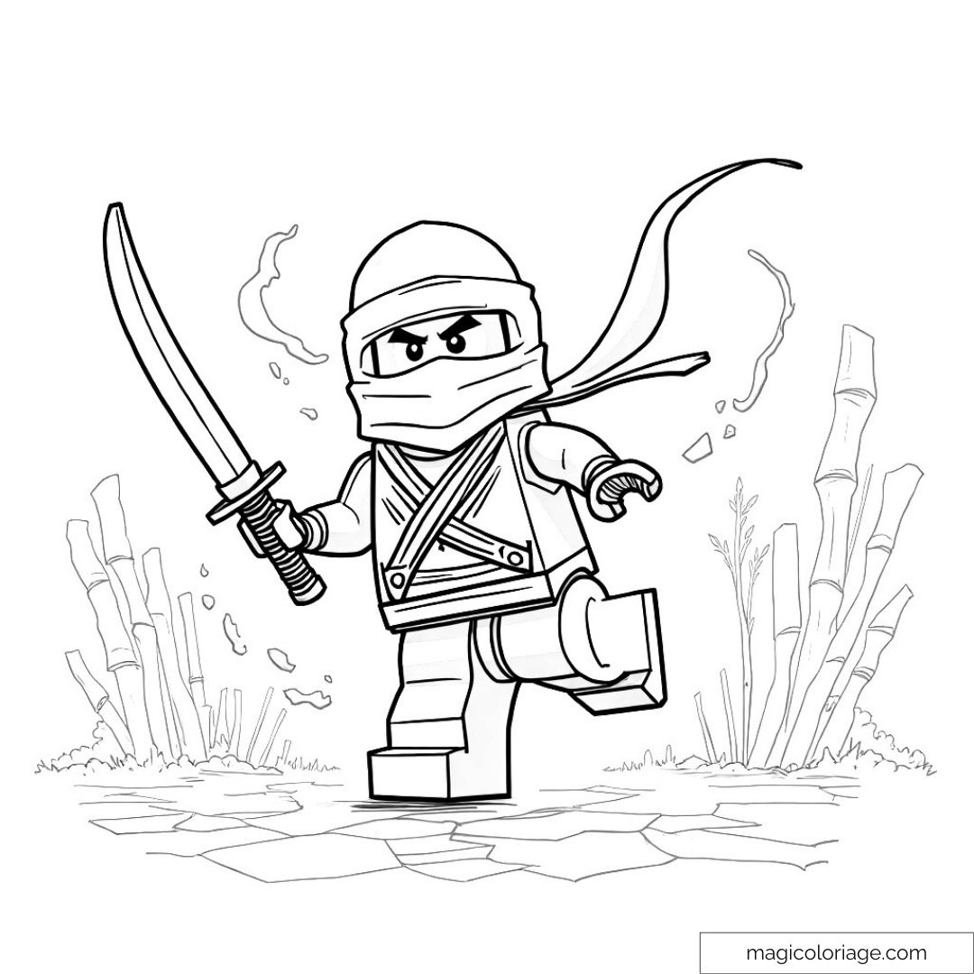 Ninja LEGO avec épée et décor en bambou