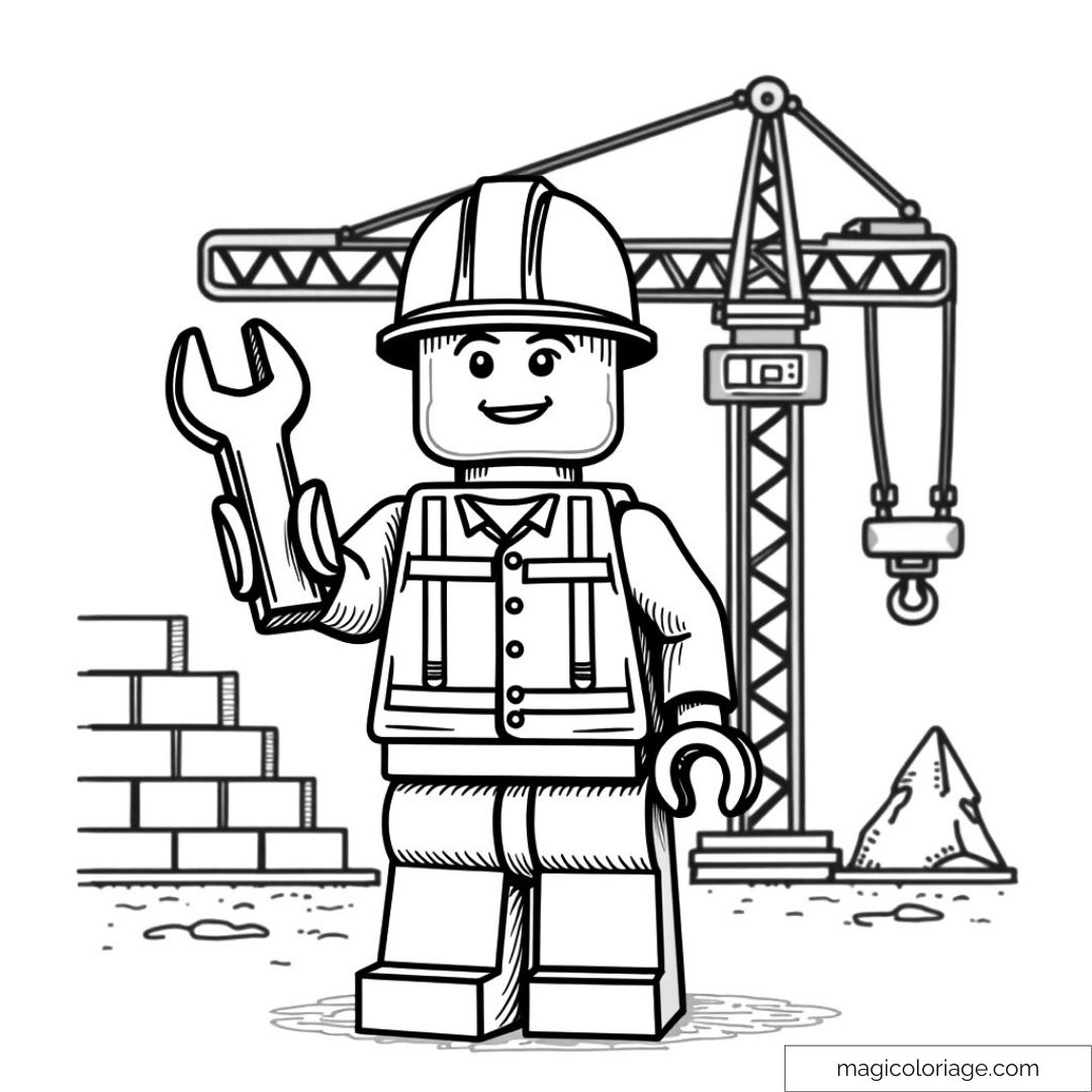 Dessin d'un personnage Lego ouvrier avec grue et outils