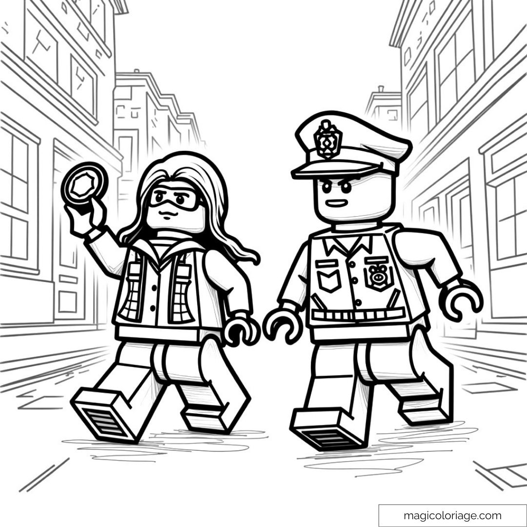 Coloriage Lego avec policier et enquêteur en action dans la ville.