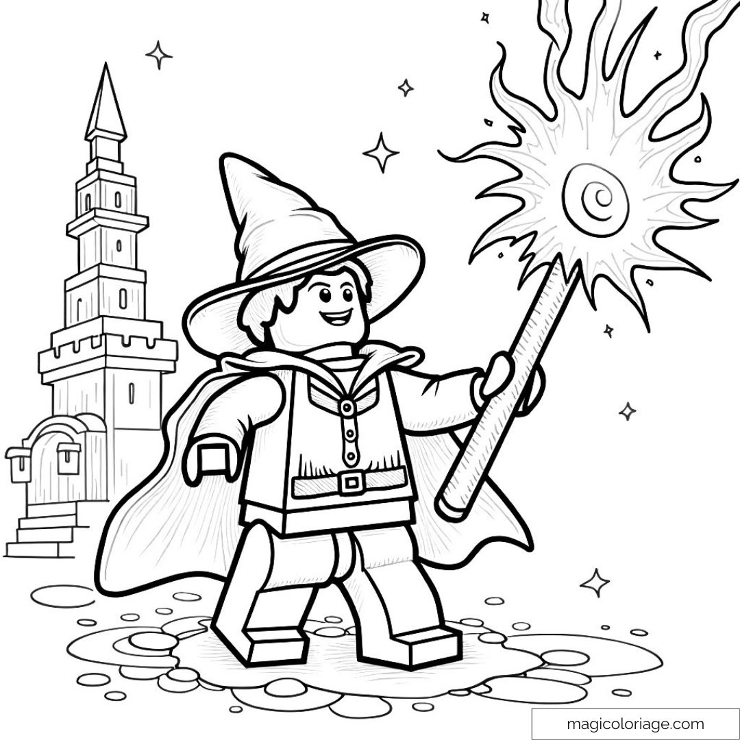 Image de sorcier Lego lançant un sort magique devant une tour.