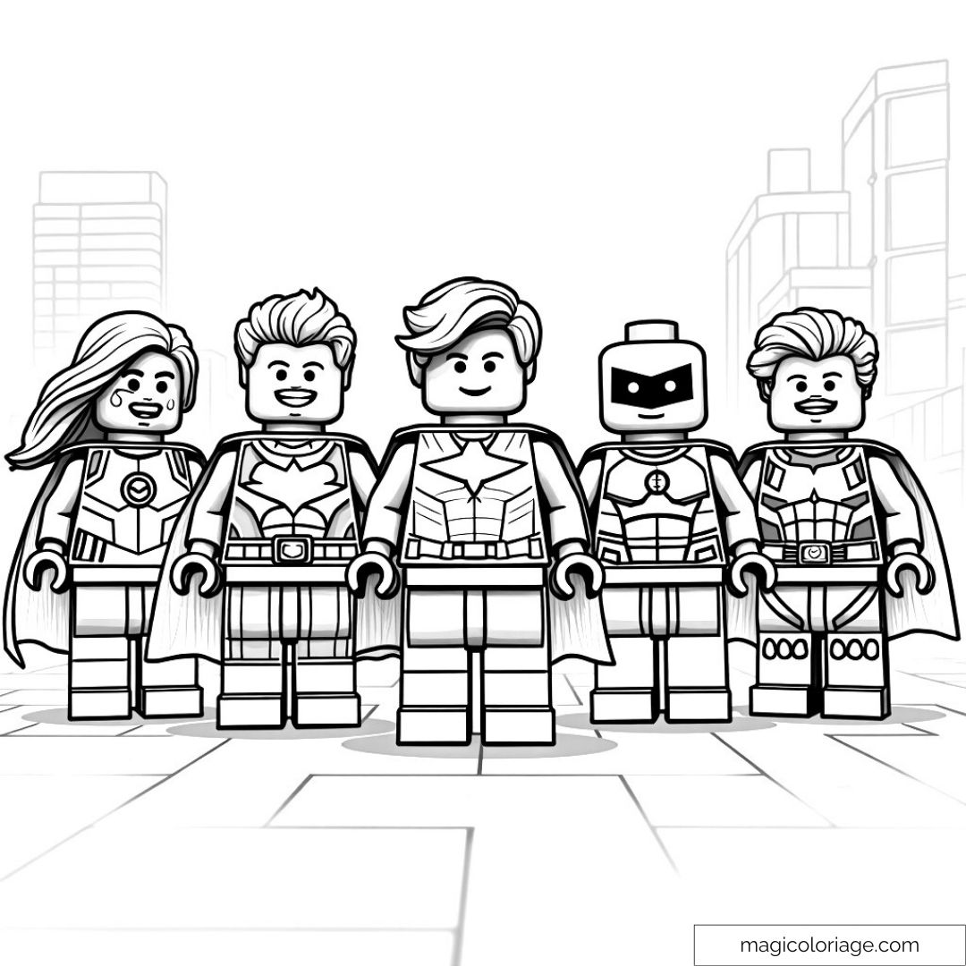 Cinq figurines Lego déguisées en super héros dans une ville.