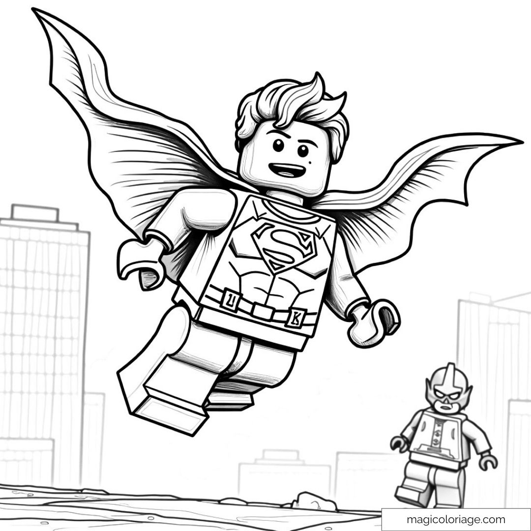 LEGO Superman volant dans la ville avec un autre personnage LEGO.