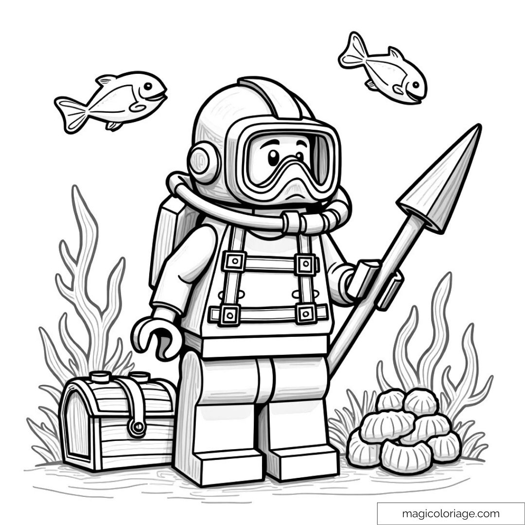 Dessin à colorier plongeur LEGO avec poissons et trésor sous-marin