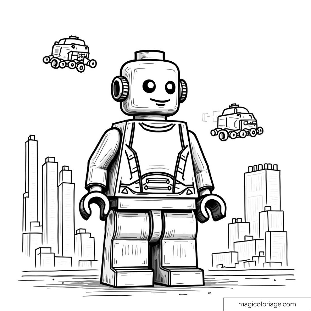 Dessin de petit robot avec bâtiments et voitures volantes.