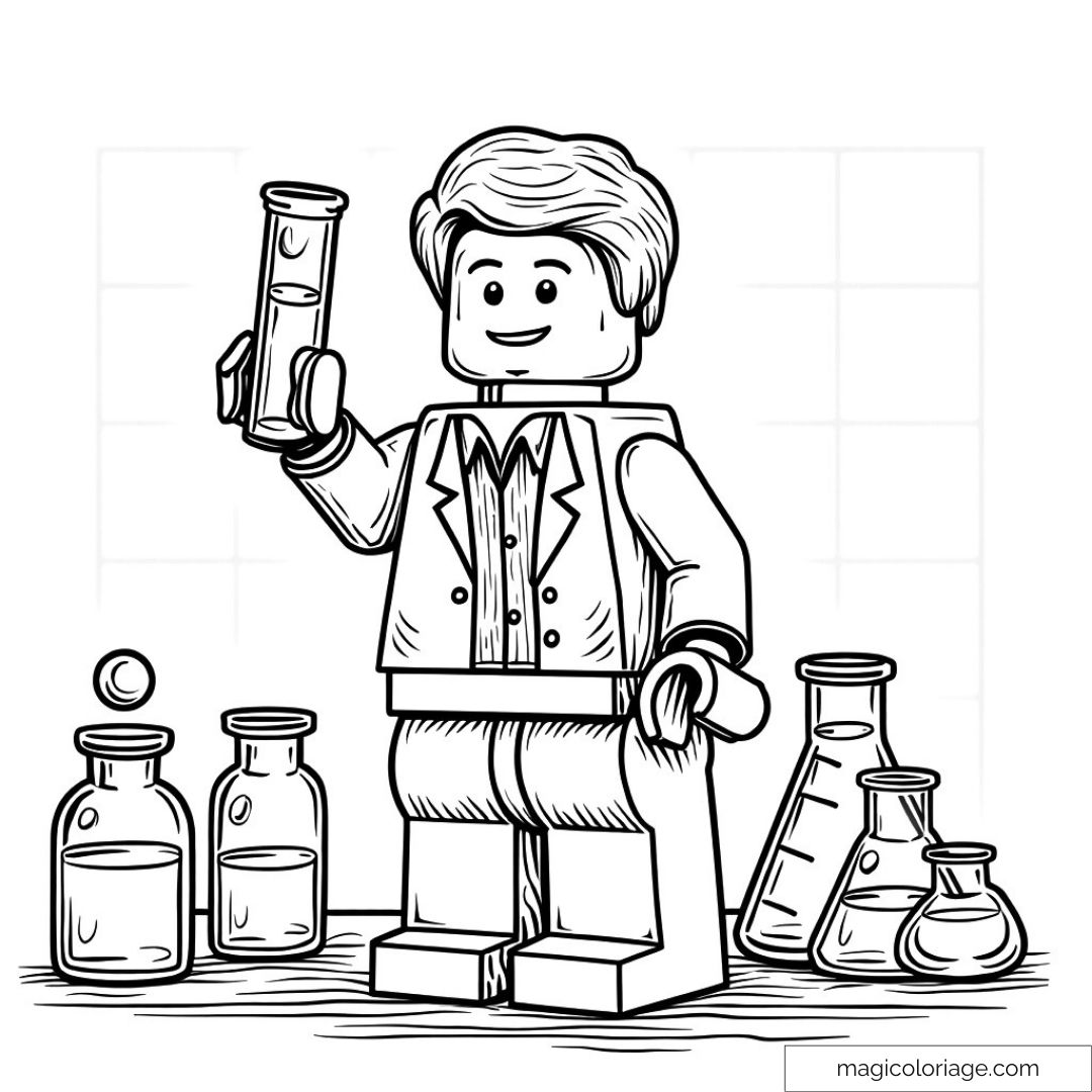 Coloriage de figurine LEGO en scientifique avec éprouvettes et flacons.