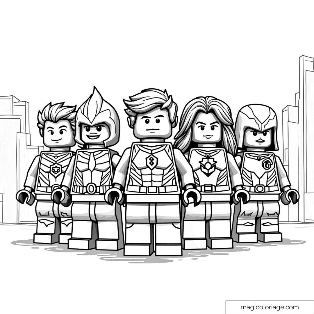 Illustration à colorier de super-héros LEGO en ville