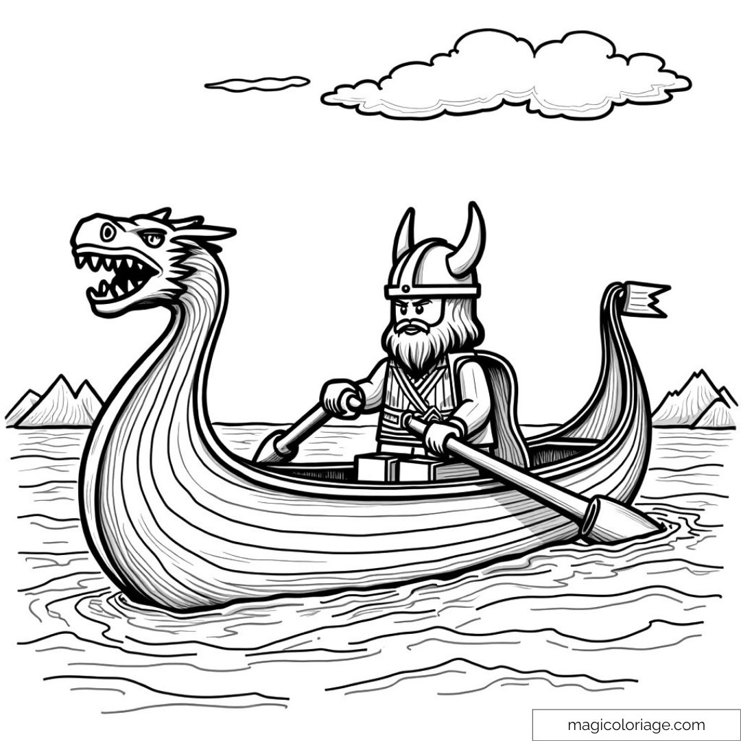 Viking LEGO® pagayant dans un drakkar sur la mer sous un ciel nuageux.