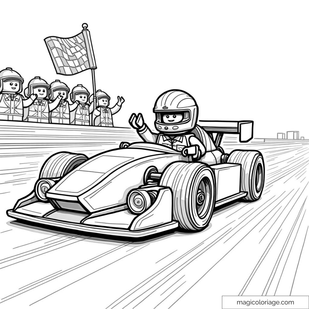 Dessin de voiture de course Lego avec pilote et fanfare.