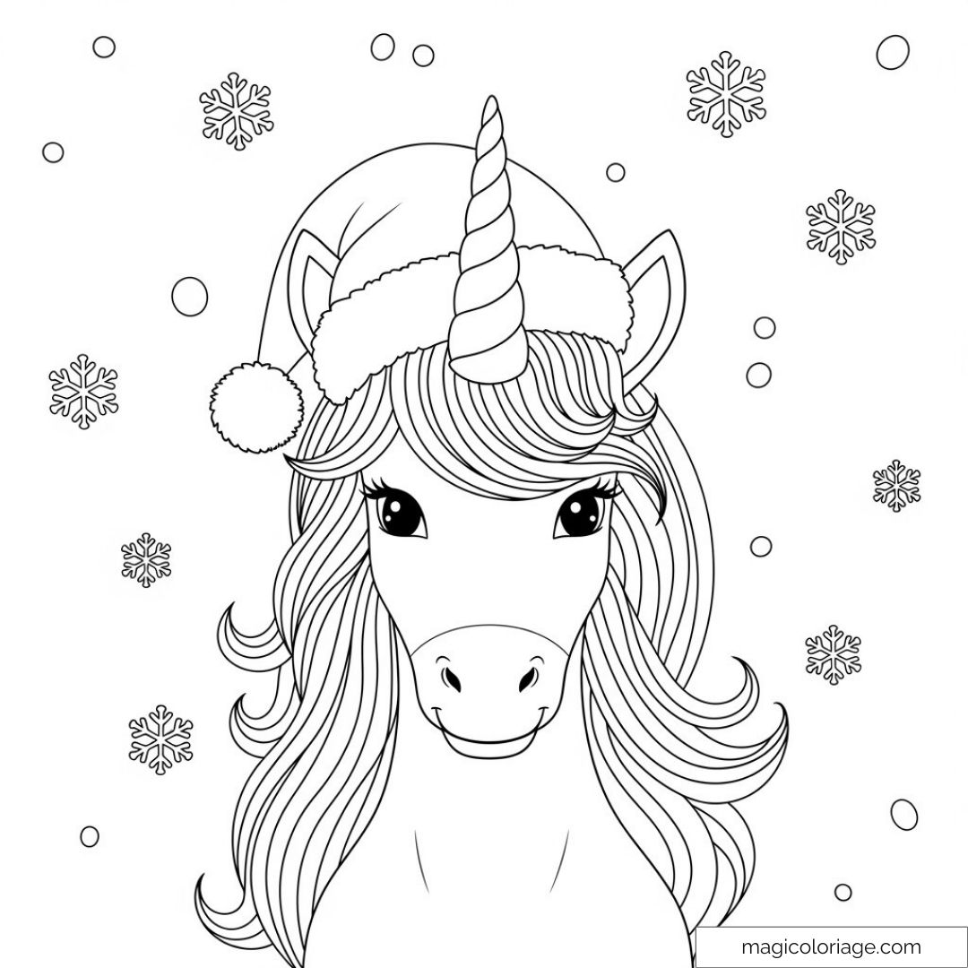 Dessin de licorne avec chapeau de Noël et flocons de neige