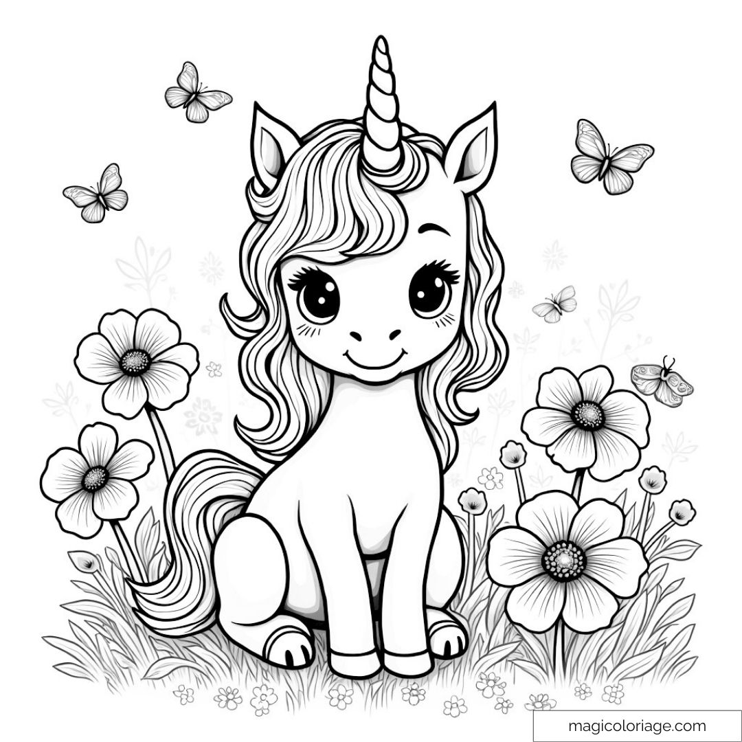 Licorne mignonne dans un jardin fleuri avec papillons
