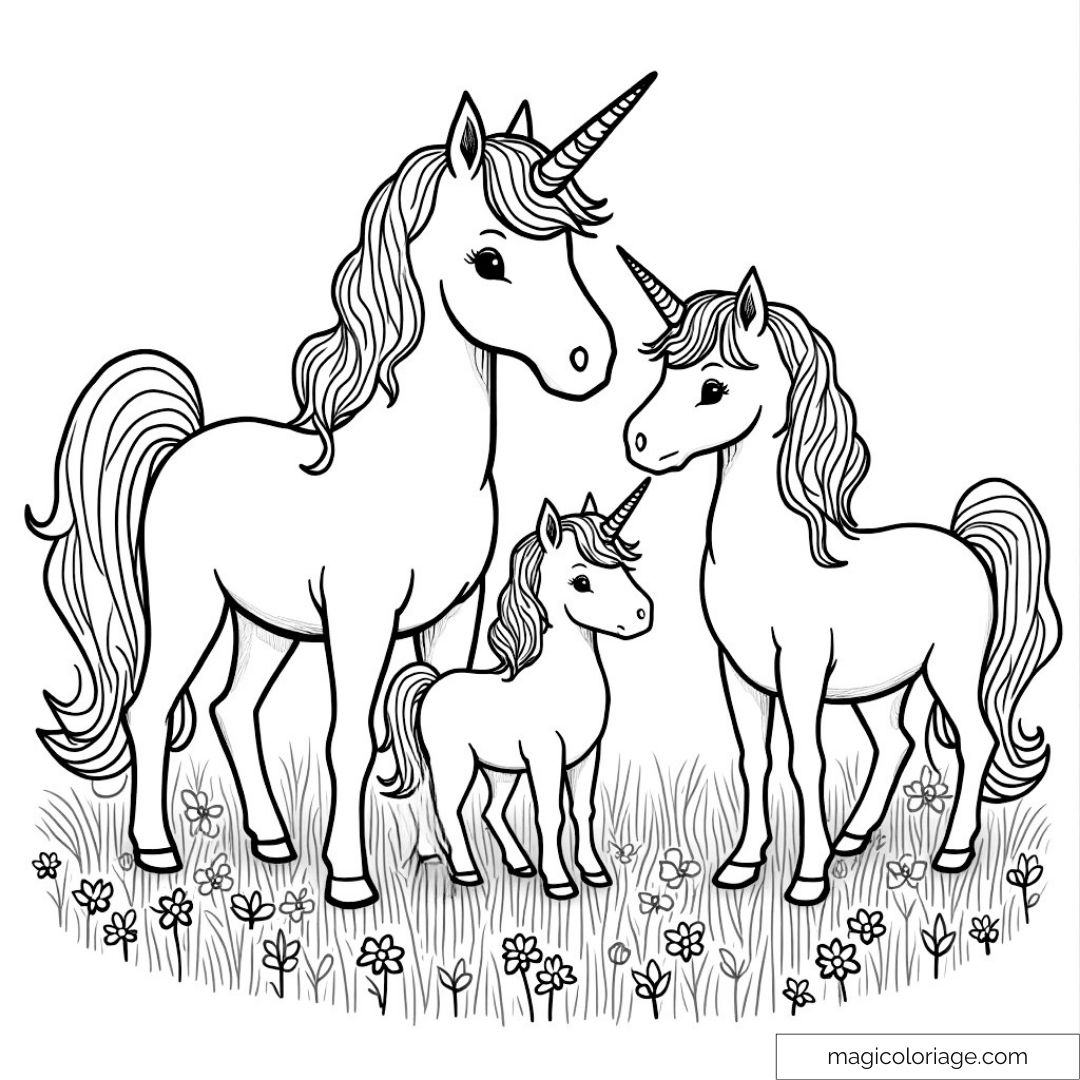 Dessin de trois licornes dans une prairie fleurie à colorier.