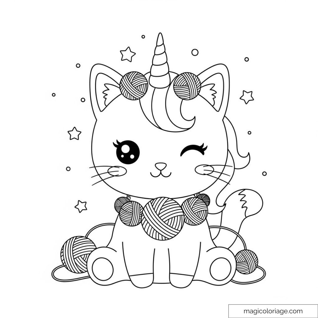 Chat licorne kawaii entouré de pelotes et étoiles à colorier.