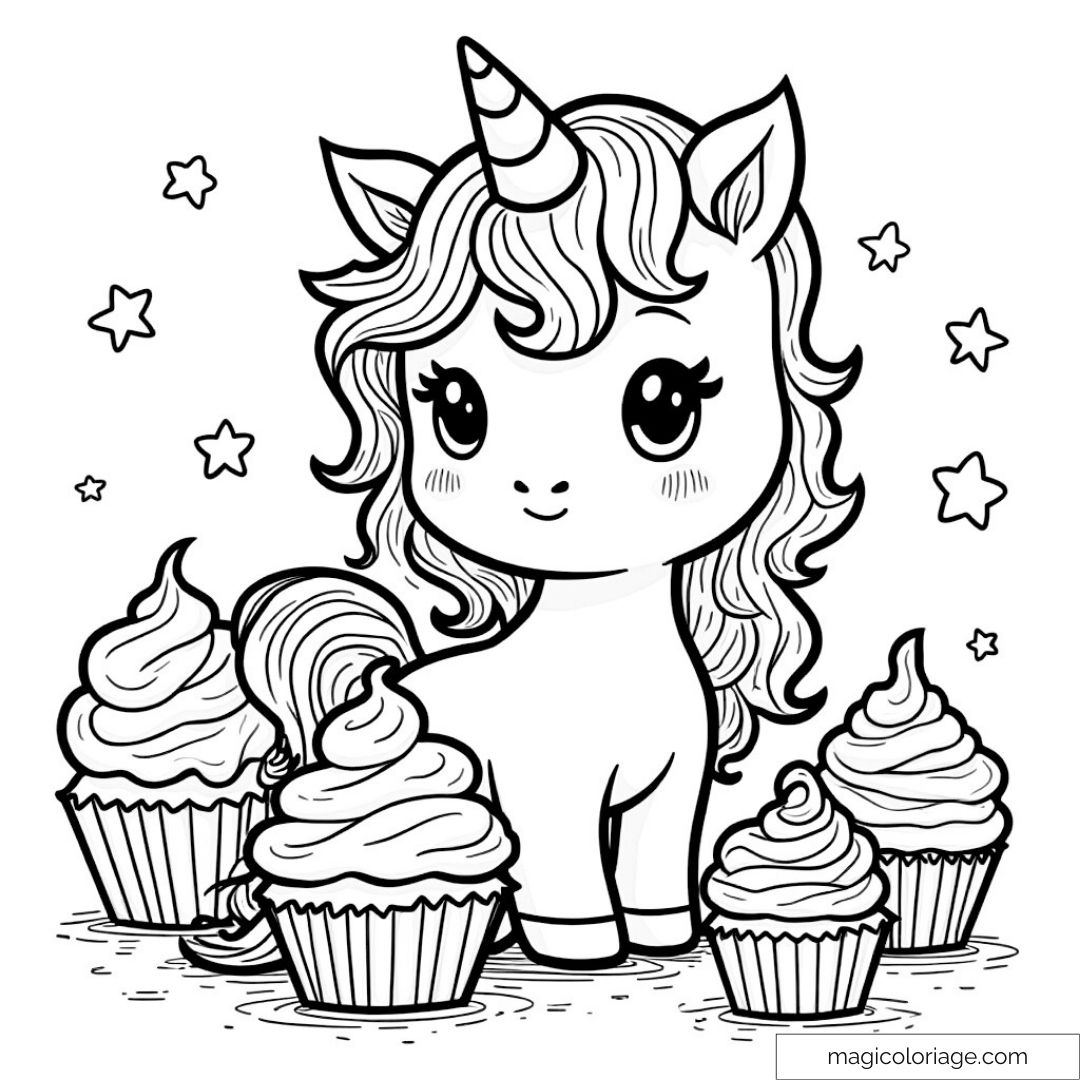 Licorne mignonne entourée de cupcakes et étoiles à colorier