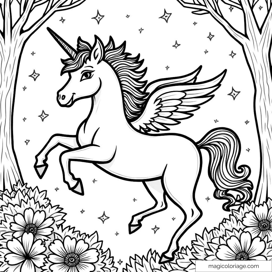 Licorne ailée dans forêt étoilée avec fleurs et arbres