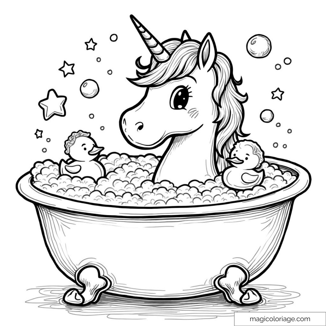 Licorne dans un bain avec canards et bulles