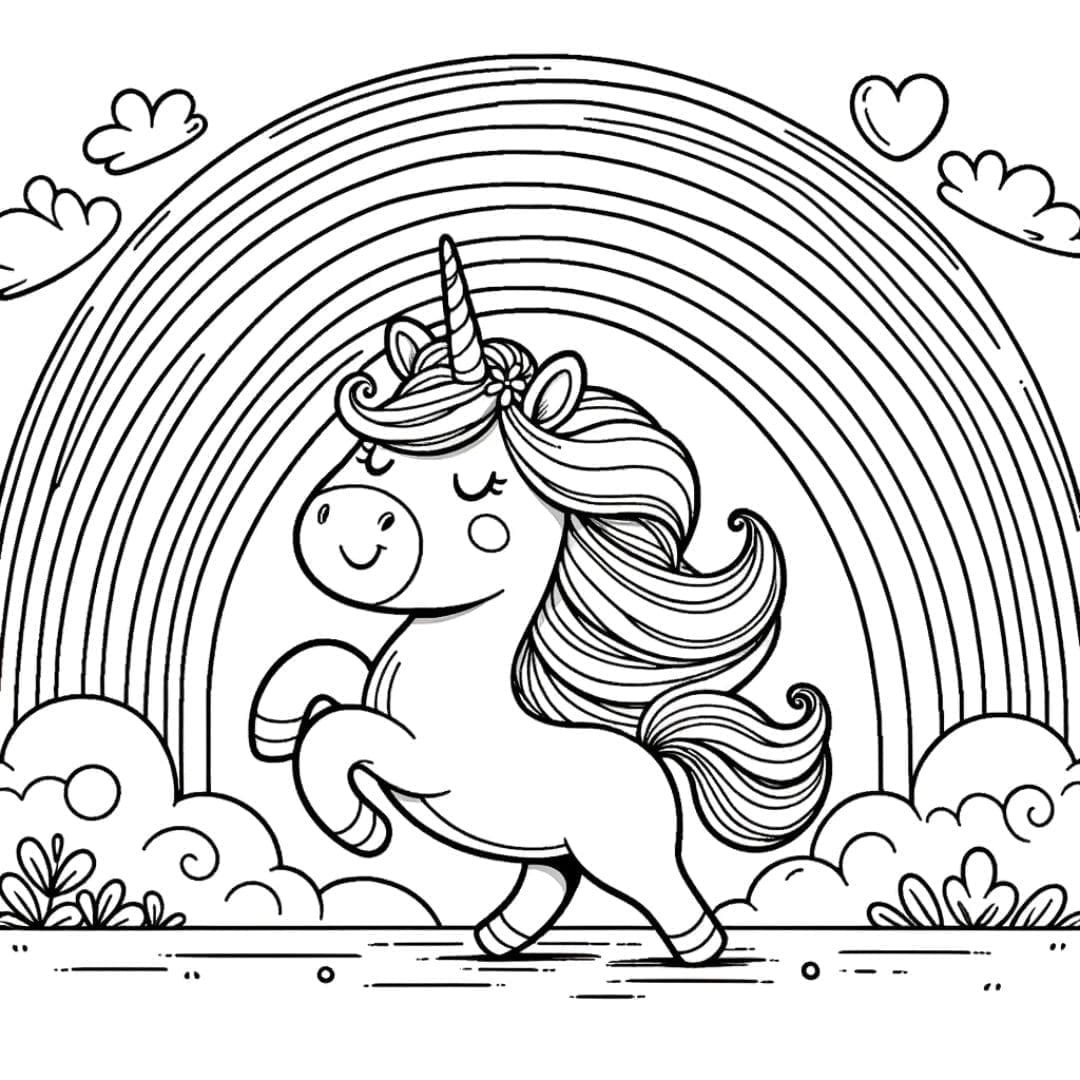 Dessin à colorier Licorne jouant sous un arc-en-ciel lumineux
