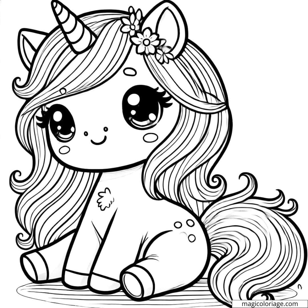 Coloriage licorne assise, crinière arc-en-ciel, dessin à colorier