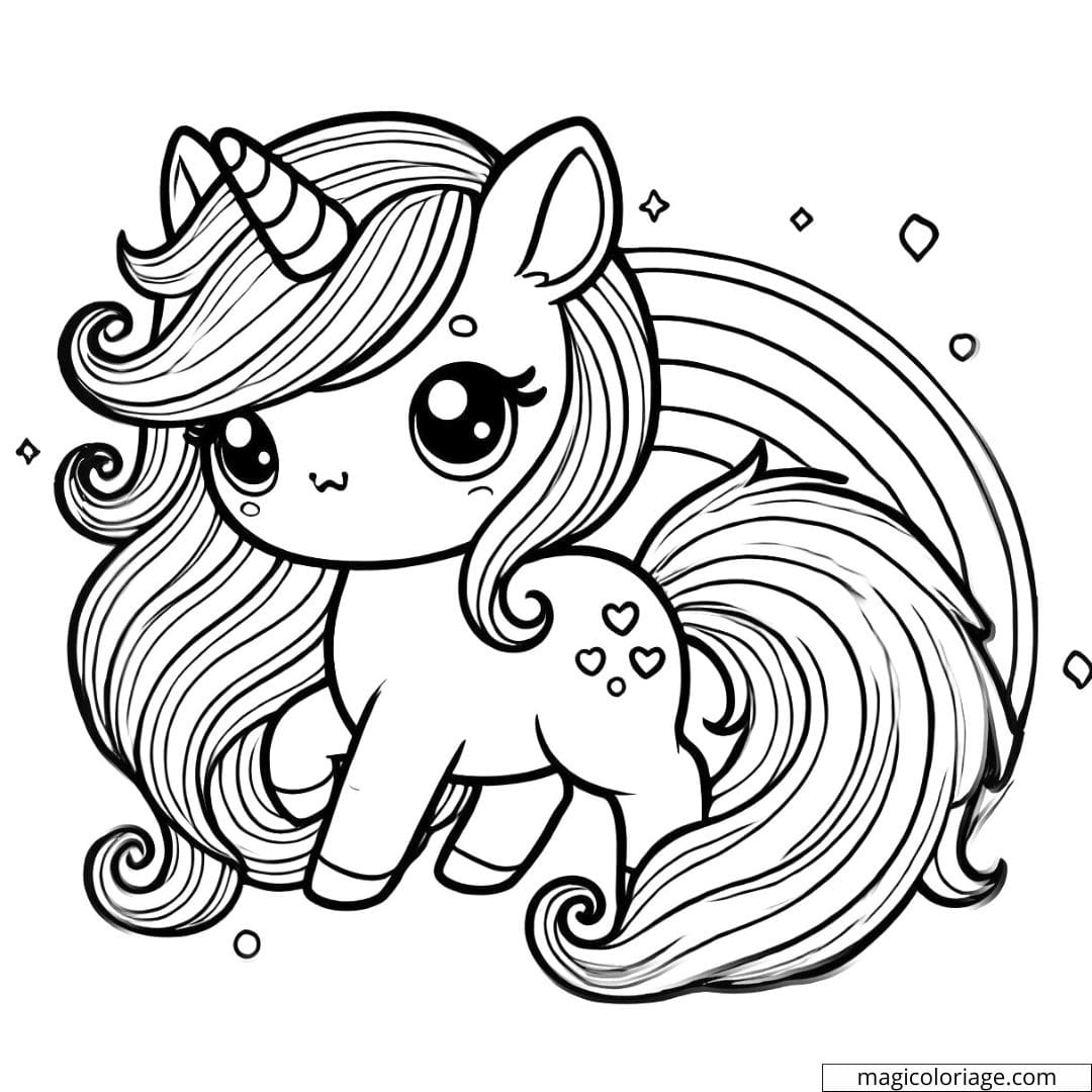 Coloriage licorne avec crinière arc-en-ciel, debout, à imprimer et colorier