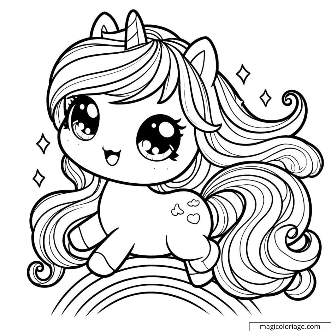 Coloriage licorne trottant, crinière arc-en-ciel, dessin à imprimer