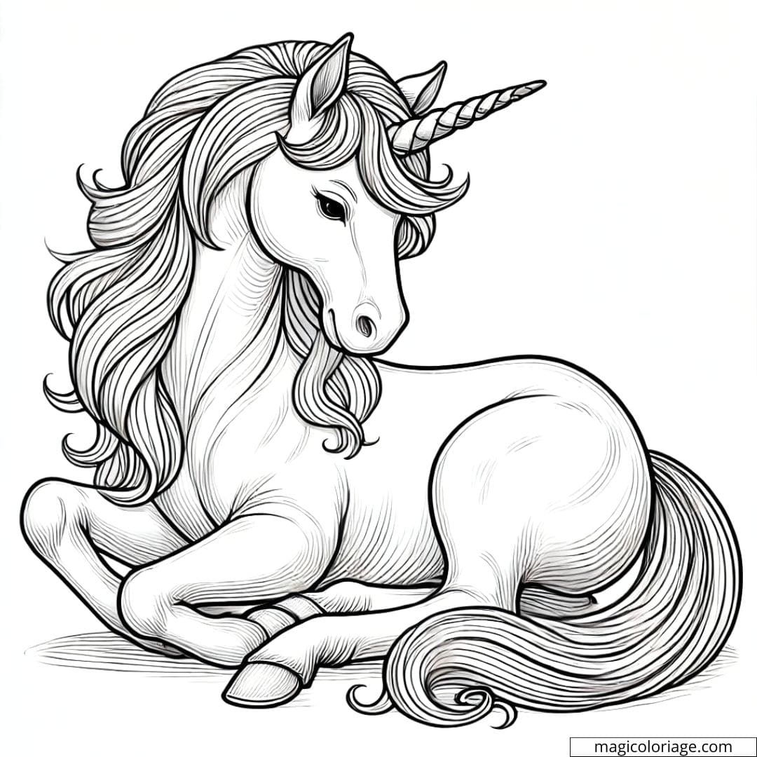 Coloriage licorne assise pour adulte, dessin à imprimer et colorier