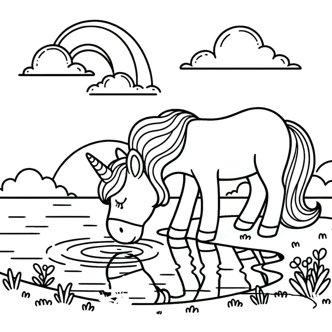 Dessin à colorier de licorne au bord de l'eau pour enfants