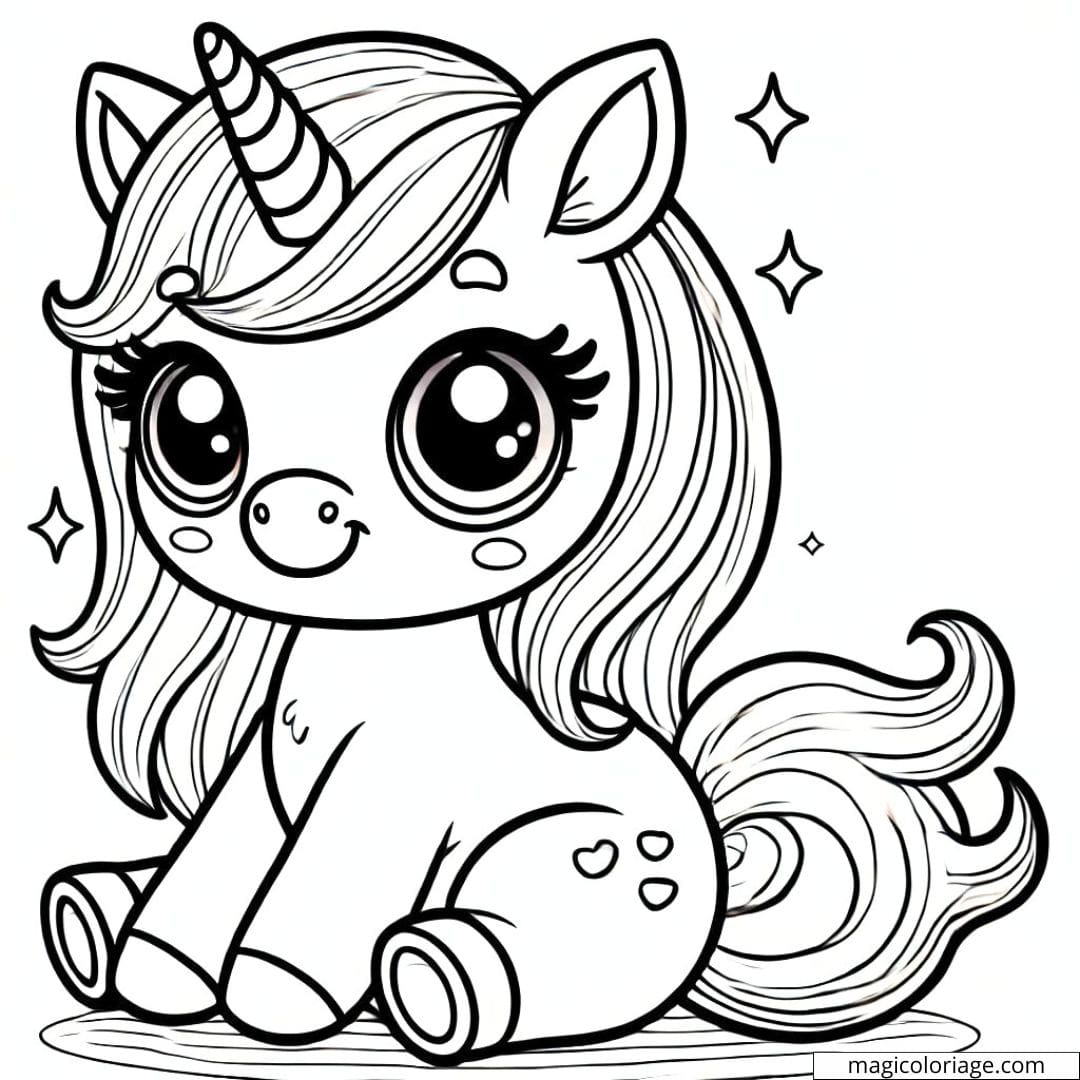 Coloriage licorne grands yeux pour maternelle, dessin à colorier licorne, licorne enfant à imprimer