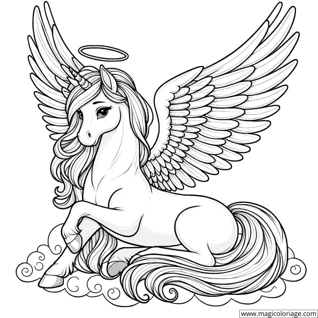 Coloriage de licorne avec des ailes d'ange