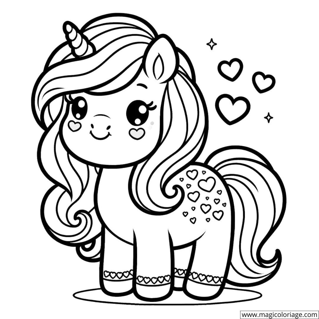 Coloriage de licorne avec des cœurs comme taches