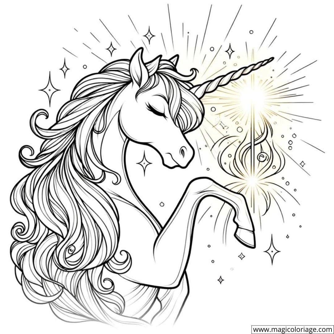 Dessin à colorier de licorne avec une corne qui s'illumine