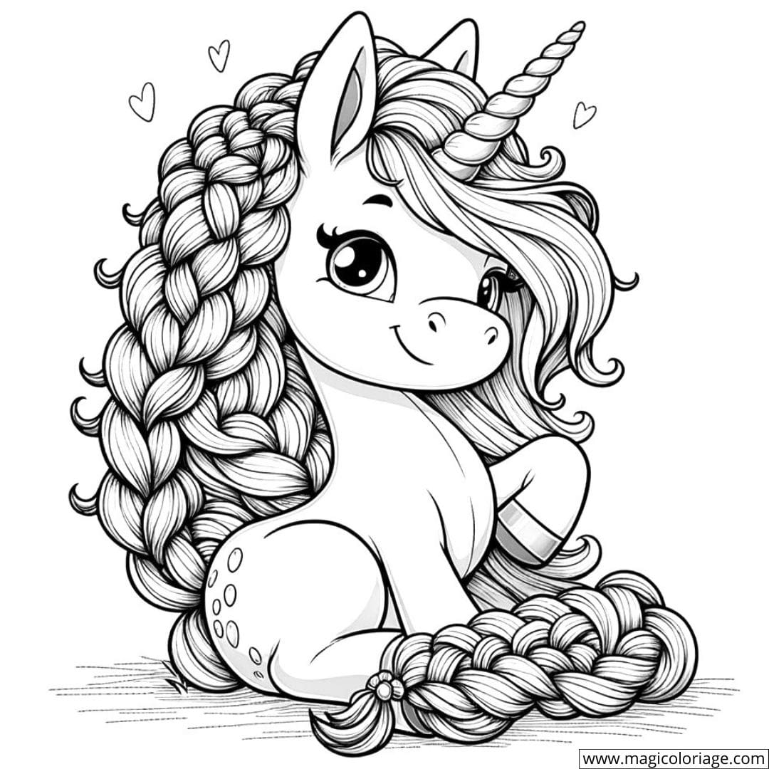 Coloriage de licorne avec sa crinière tressée