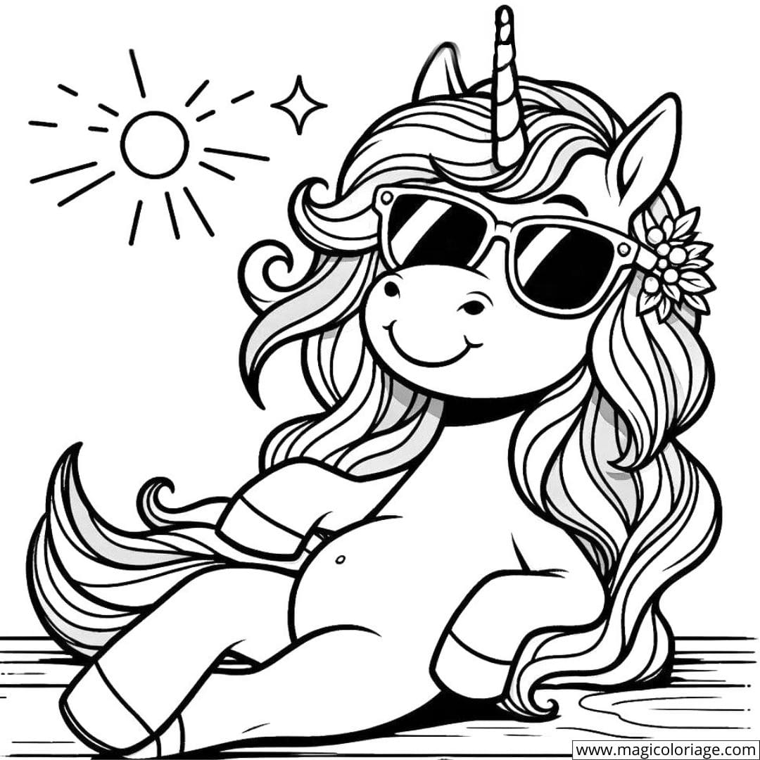 Dessin à colorier de licorne avec des lunettes de soleil