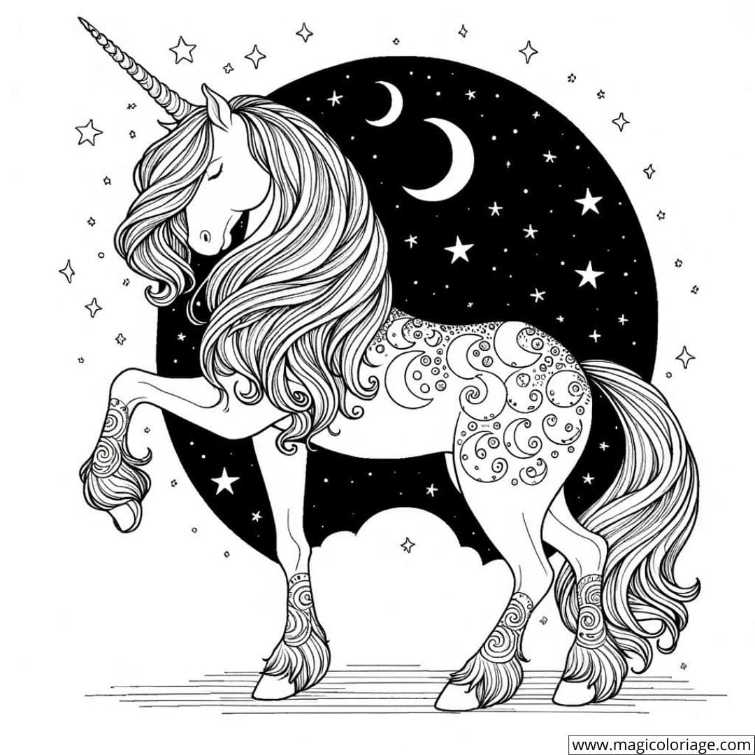 Dessin à colorier de licorne avec motifs de lune