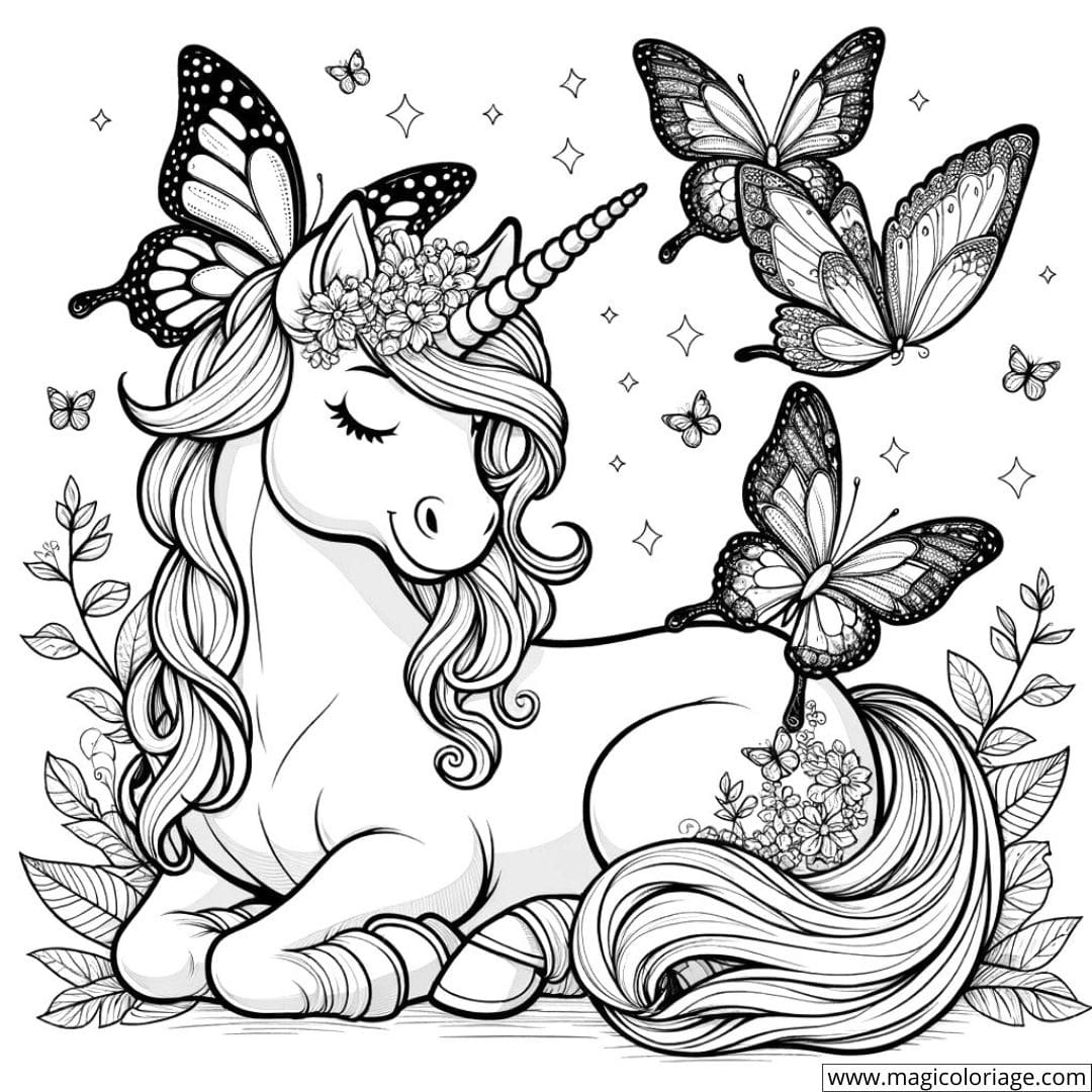 Dessin à colorier de licorne avec des papillons