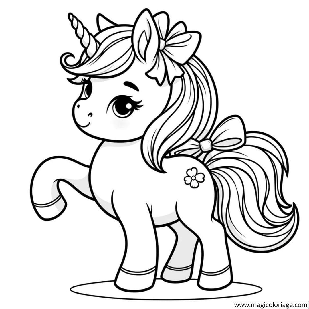 Dessin à colorier de licorne avec un petit nœud