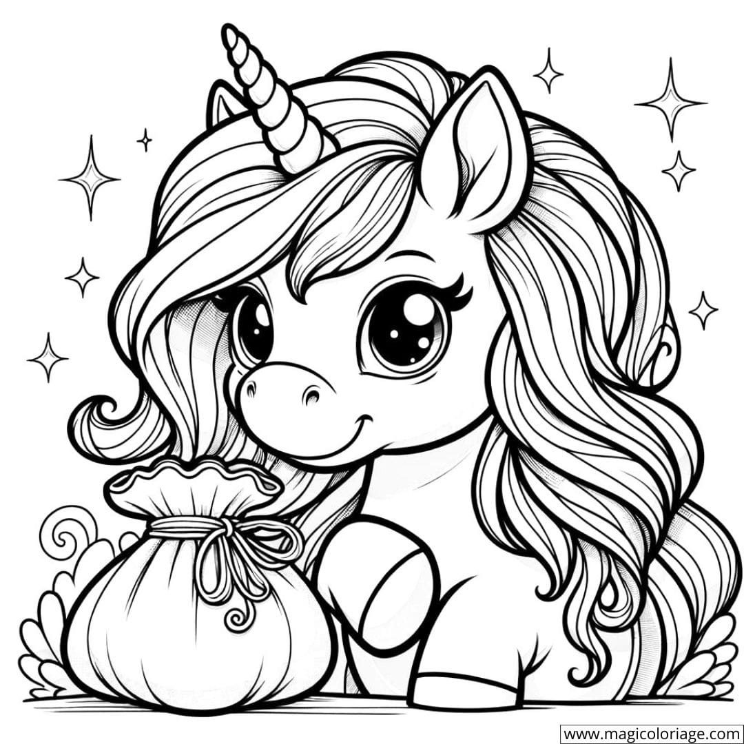 Dessin à colorier de licorne avec une pochette magique