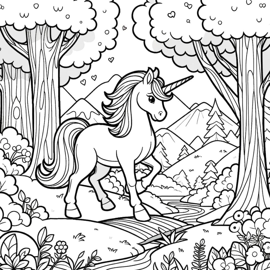 Dessin à colorier Licorne aventureuse explorant une forêt