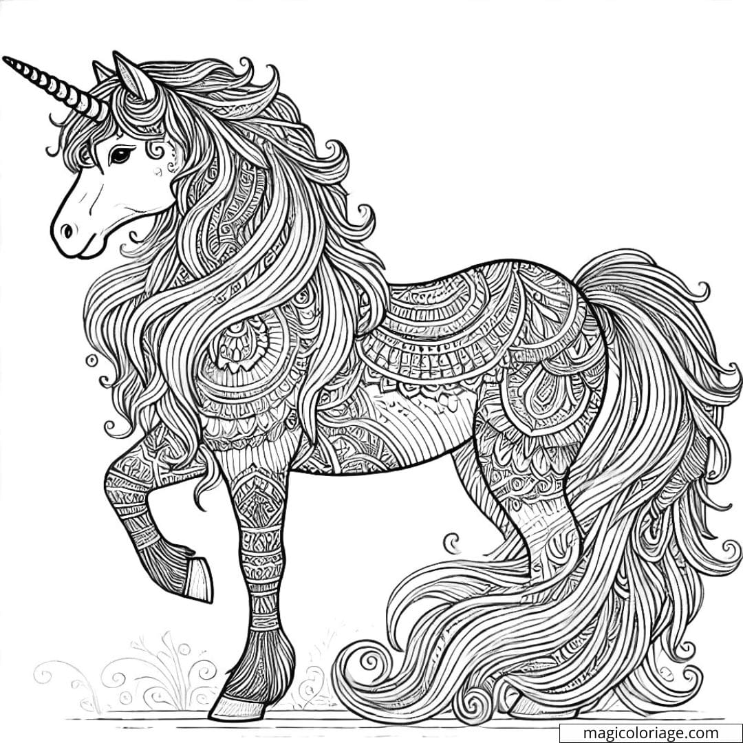 Coloriage licorne complexe pour adulte, dessin licorne à imprimer, coloriage pour adulte