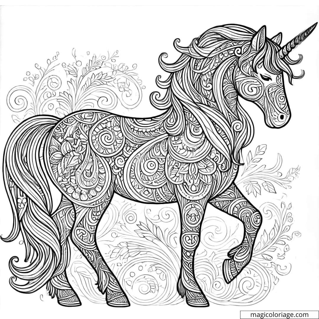 Coloriage licorne complexe pour adulte, dessin licorne à imprimer, coloriage pour adulte