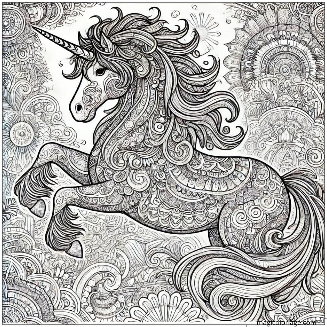 Coloriage licorne complexe pour adulte, dessin licorne à imprimer, coloriage pour adulte