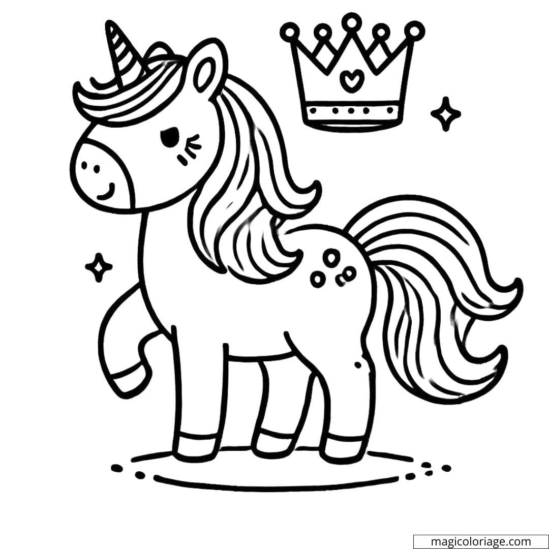 Coloriage licorne couronnée pour enfants, dessin licorne à imprimer, coloriage enfant