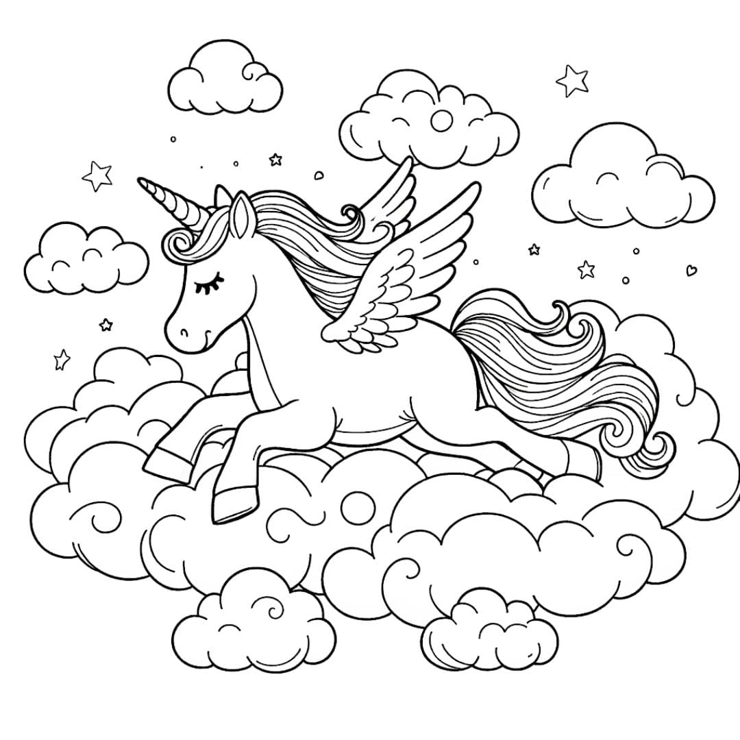 Dessin à colorier de licorne dans les nuages pour enfants