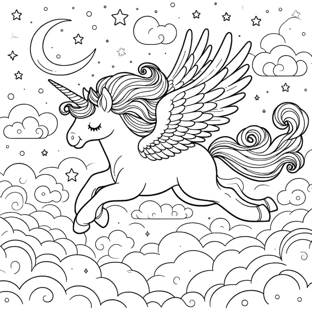 Dessin à colorier Licorne volante parmi les nuages