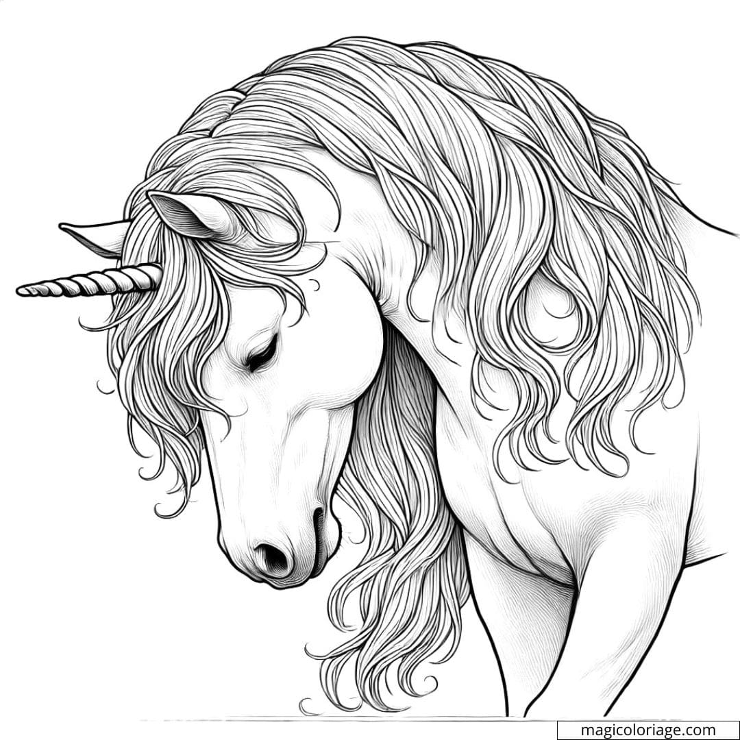 Coloriage licorne en contemplation pour adulte, dessin détaillé à colorier