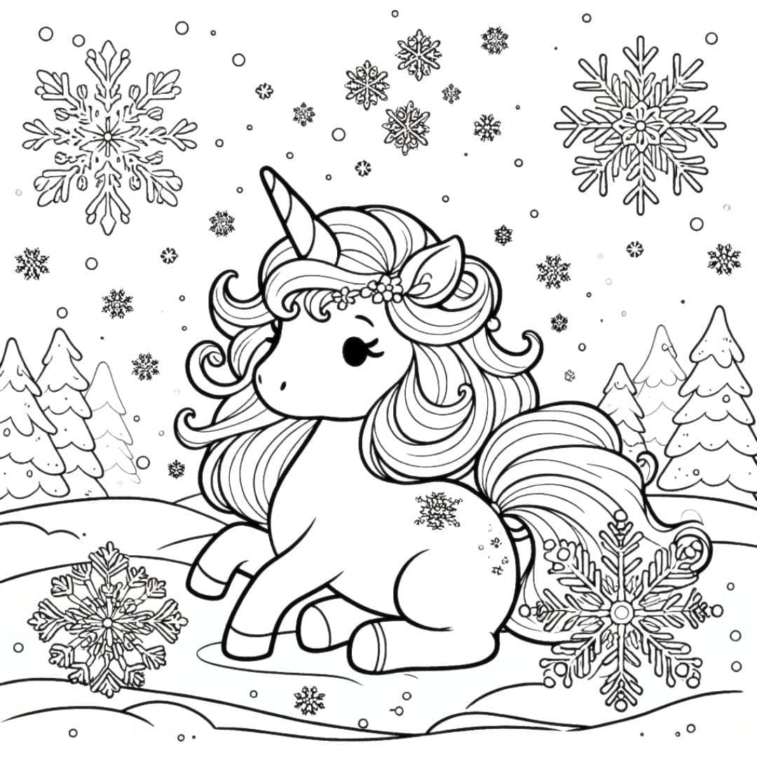 Dessin à colorier Licorne dans un paysage enneigé féerique