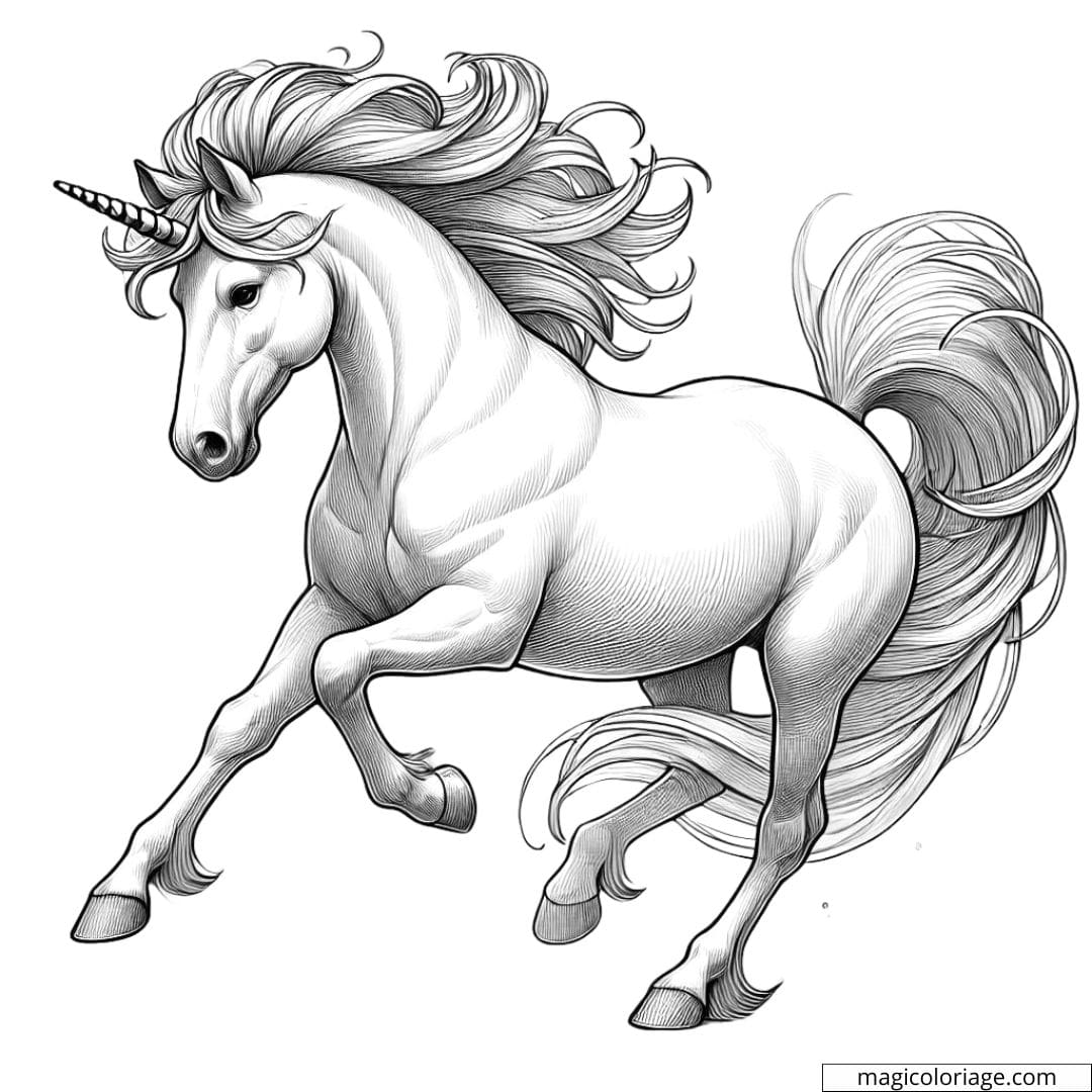 Coloriage licorne galopant pour adulte, dessin simple à imprimer