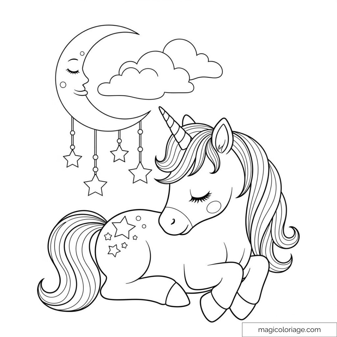 Licorne endormie près de la lune et des étoiles