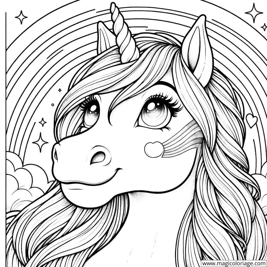 Coloriage de licorne avec un arc-en-ciel dans les yeux