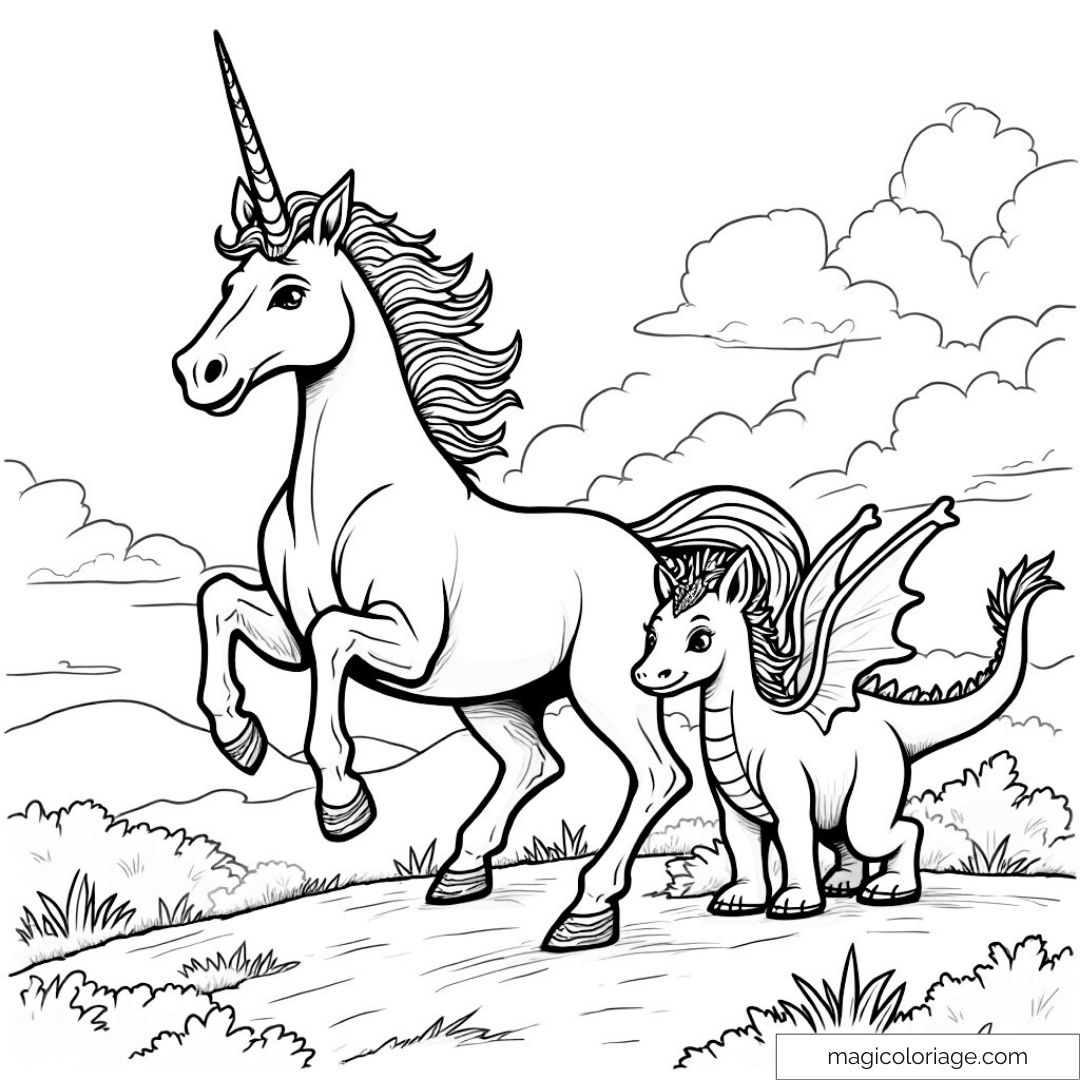 Dessin d'une licorne et d'un dragon sur une colline