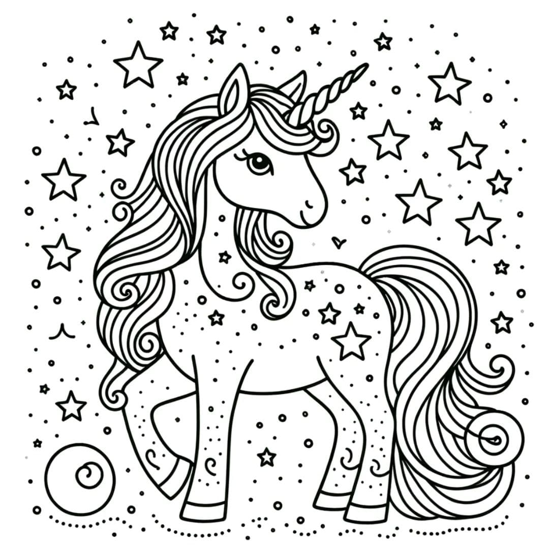 Dessin à colorier de licorne et étoiles pour enfants
