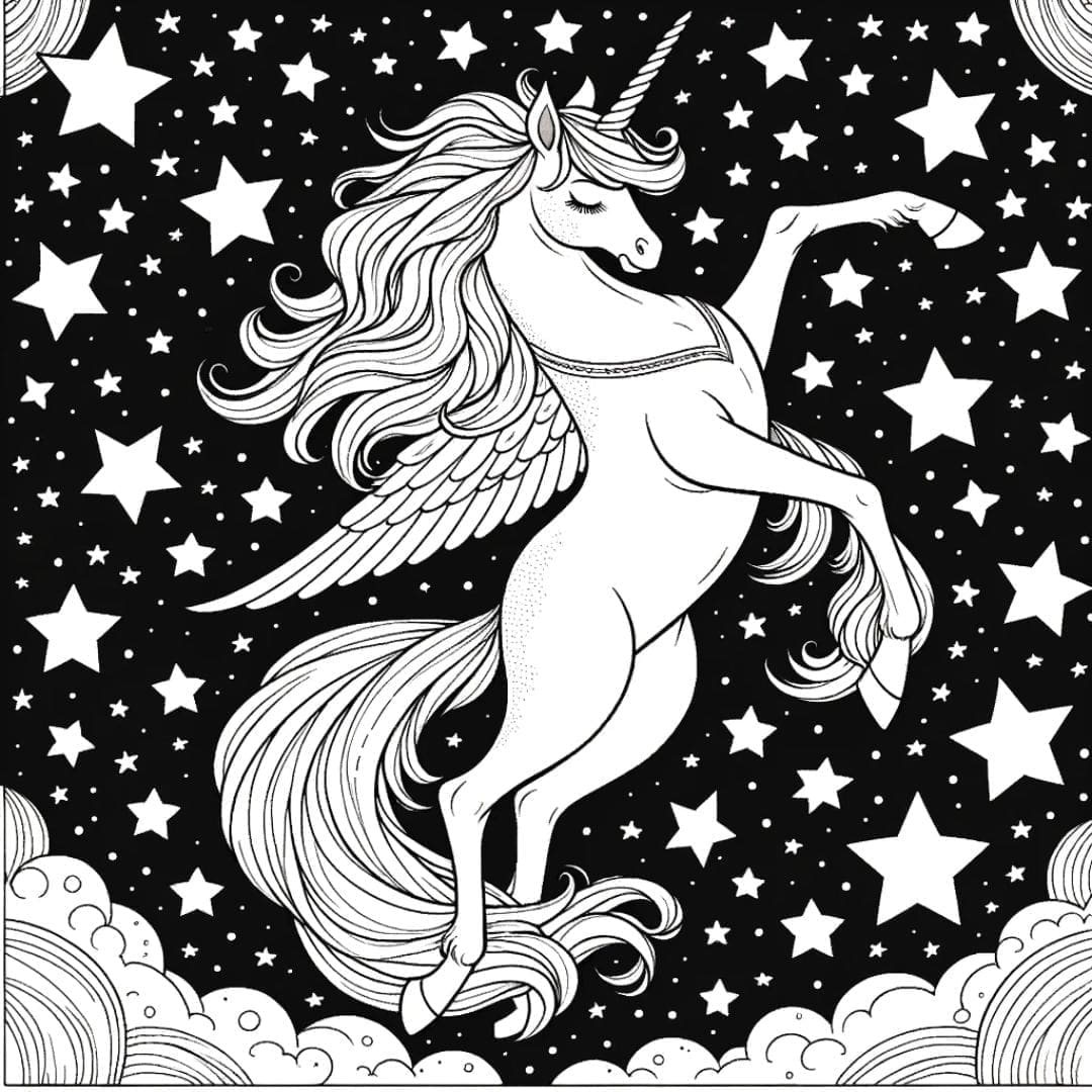 Dessin à colorier Licorne scintillante sous un ciel étoilé